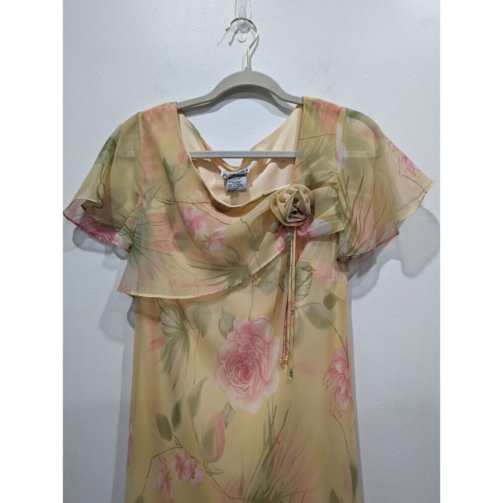 Vintage Menu Yellow Floral Sheer Rosette Flutter Sleeve Maxi Shift Dress, 12 - Picture 2 of 7